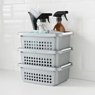 Set Of 3 Storage Stacking Baskets - Grey 1 Set Of 3 Storage Stacking Baskets - Grey